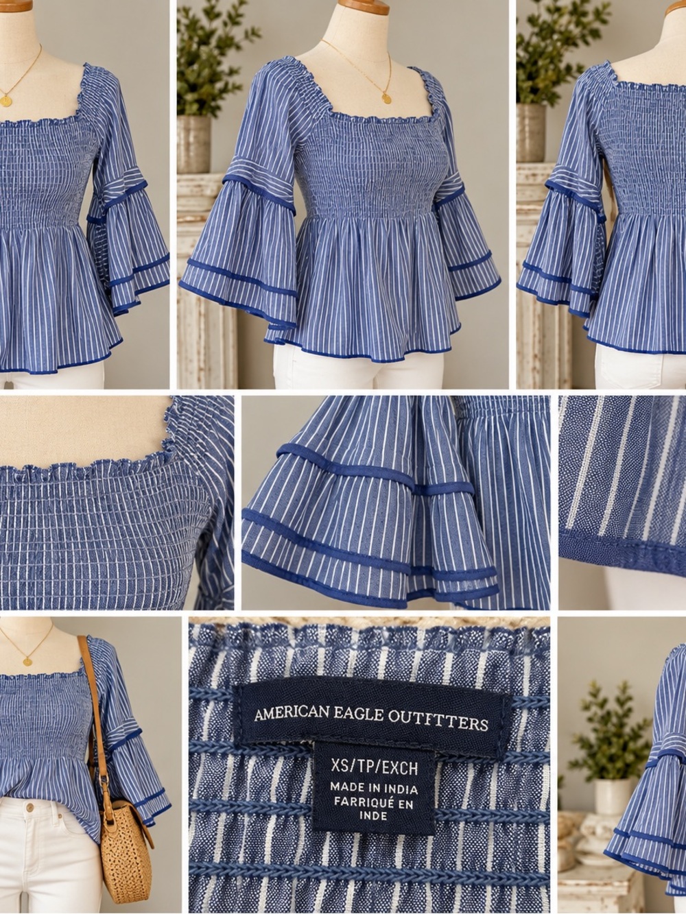 American Eagle Outfitters Blue and White Smocked Peplum Bell Sleeve Top